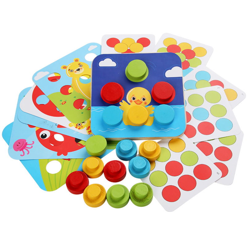 Joc Montessori Mozaic din Lemn pentru Copii, 12 Carduri cu Modele, 16 Butoni Colorați, Tablă 14,5 x 14,5 cm, Potrivire Culori, Logică și Motricitate Fină, 3+ Ani - imagine 4