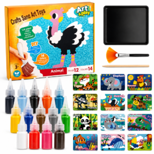 Joc Creativ cu Nisip Colorat pentru Copii, 12 Planșe cu Animale, 14 Culori, Tăviță, Pensulă și Instrumente, Set Artă DIY pentru Pictură și Creativitate, 3+ Ani