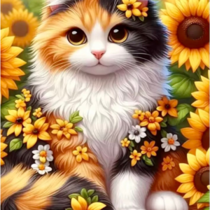 Tablou pictura cu Diamante multicolore, 30 x 20 cm, Peisaj "Pisicuta Inflorata", Goblen 5D Diamond Painting cu Pietricele Colorate, Hobby Creativ pentru Adulti si Copii 8+ Ani