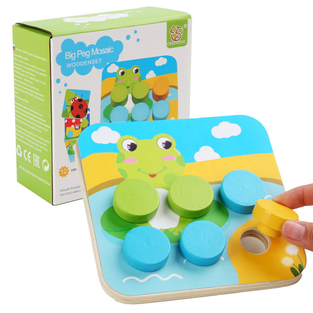 Joc Montessori Mozaic din Lemn pentru Copii, 12 Carduri cu Modele, 16 Butoni Colorați, Tablă 14,5 x 14,5 cm, Potrivire Culori, Logică și Motricitate Fină, 3+ Ani - imagine 5