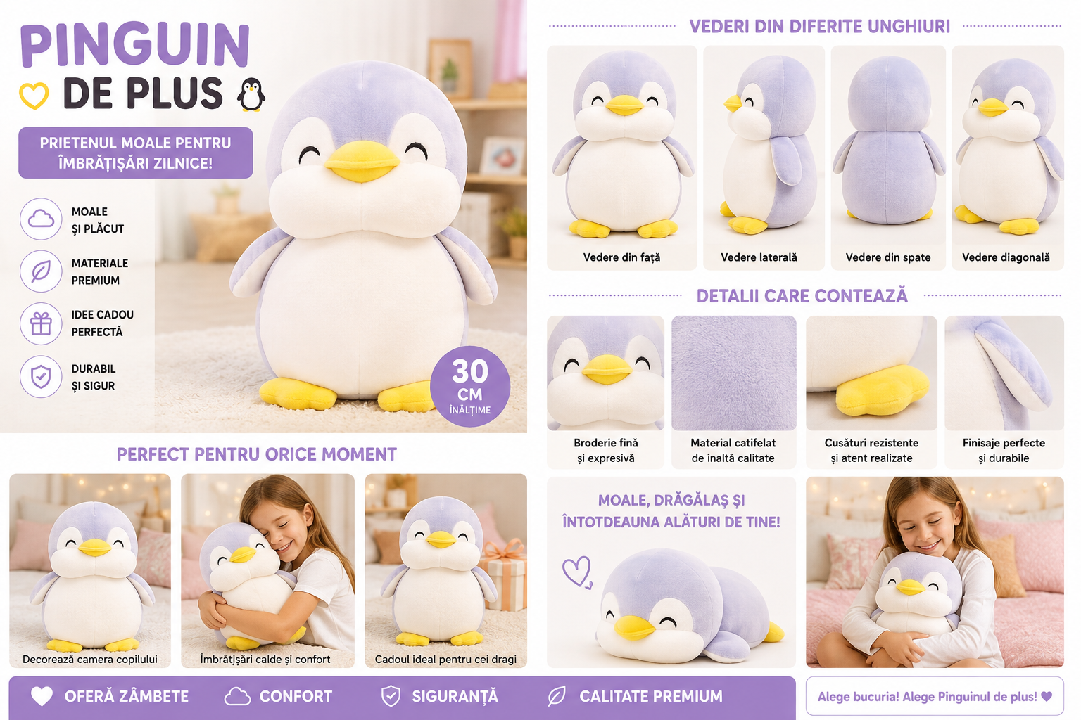 Pinguin de Pluș 30 cm, Jucărie de Plus Moale pentru Copii, Animal de Pluș Premium, Umplutură Hipoalergenică, Companion pentru Somn și Joacă, Cadou pentru Fete și Băieți - imagine 4