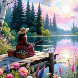 Tablou Pictură pe Numere Stuniko® Peisaj “La Pescuit”, 50 x 40 cm, Kit Pictură cu Pânză Numerotată, Vopsele și Pensule, Tablou DIY Hobby Creativ pentru Adulti si Copii 8+