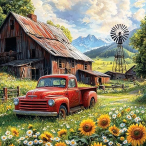 Tablou pictura cu Diamante multicolore, 50 x 40 cm, "Peisaj - Linistea de la Tara", Goblen 5D Diamond Painting cu Pietricele Colorate, Hobby  Creativ pentru Adulti si Copii 8+ Ani