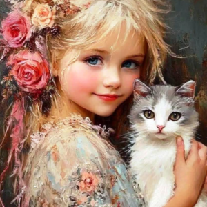 Tablou pictura cu Diamante multicolore, 50 x 40 cm, "Peisaj - Inocenta si Prietenie", Goblen 5D Diamond Painting cu Pietricele Colorate, Hobby  Creativ pentru Adulti si Copii 8+ Ani