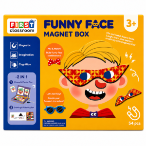 Joc Magnetic Educativ 2 în 1 Funny Face pentru Copii, 54 Piese Magnetice, Fețe și Accesorii Amuzante, Tablă de Desenat, 4 Carduri cu Modele, 3+ Ani