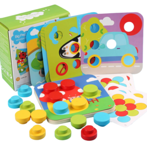 Joc Montessori Mozaic din Lemn pentru Copii, 12 Carduri cu Modele, 16 Butoni Colorați, Tablă 14,5 x 14,5 cm, Potrivire Culori, Logică și Motricitate Fină, 3+ Ani