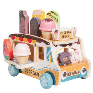Camion de Înghețată din Lemn pentru Copii, Set Joc de Rol Ice Cream Truck cu Înghețate, Figurine, Bani și Meniu, Mașinuță Magazin Mobil, Joc Educativ de Imaginație