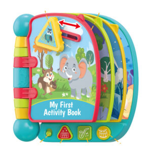 Carte Interactivă Muzicală pentru Copii, My First Activity Book, 7 Pagini cu Activități, Pian, Saxofon și Tobă, Sunete, Elemente Rotative și Glisante, Joc Educativ 18+ Luni