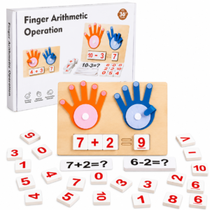 Joc Montessori Matematică din Lemn cu Degete, Numere și Operații Aritmetice, Adunare și Scădere, Carduri cu Exerciții, Joc Educativ pentru Calcul și Logică, 3+ Ani