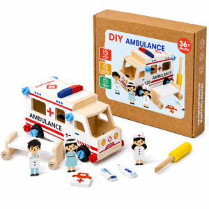 Ambulanță DIY din Lemn pentru Copii, Joc Educativ de Construit și Asamblat, 18 Piese, Figurine Medic și Asistente, Targă Mobilă, Accesorii Medicale, Motricitate și Joc de Rol, 3+ Ani