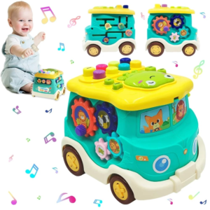 Autobuz Interactiv Multifuncțional pentru Copii, Joc Educativ 6 în 1 cu Sunete, Pian, Tobă, Labirint Magnetic, Roți Dințate și Șnur de Tras, Dezvoltă Motricitatea, 3+ Ani