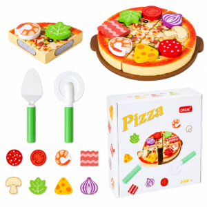 Set Pizza de Jucărie pentru Copii, 20 Piese, Pizza 20 cm cu Felii și Ingrediente, 2 Ustensile, Joc de Rol Micul Bucătar, Creativitate și Motricitate, 2+ Ani