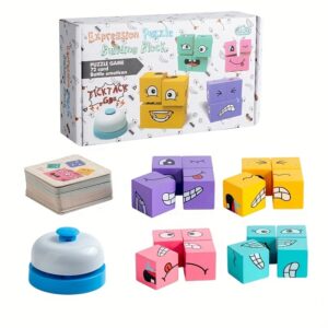 Joc Educativ de Logică și Emoții pentru Copii, Cuburi Puzzle cu Expresii Faciale, 72 Carduri, Clopoțel, Joc de Viteză și Asociere, 2-4 Jucători, 3+ Ani